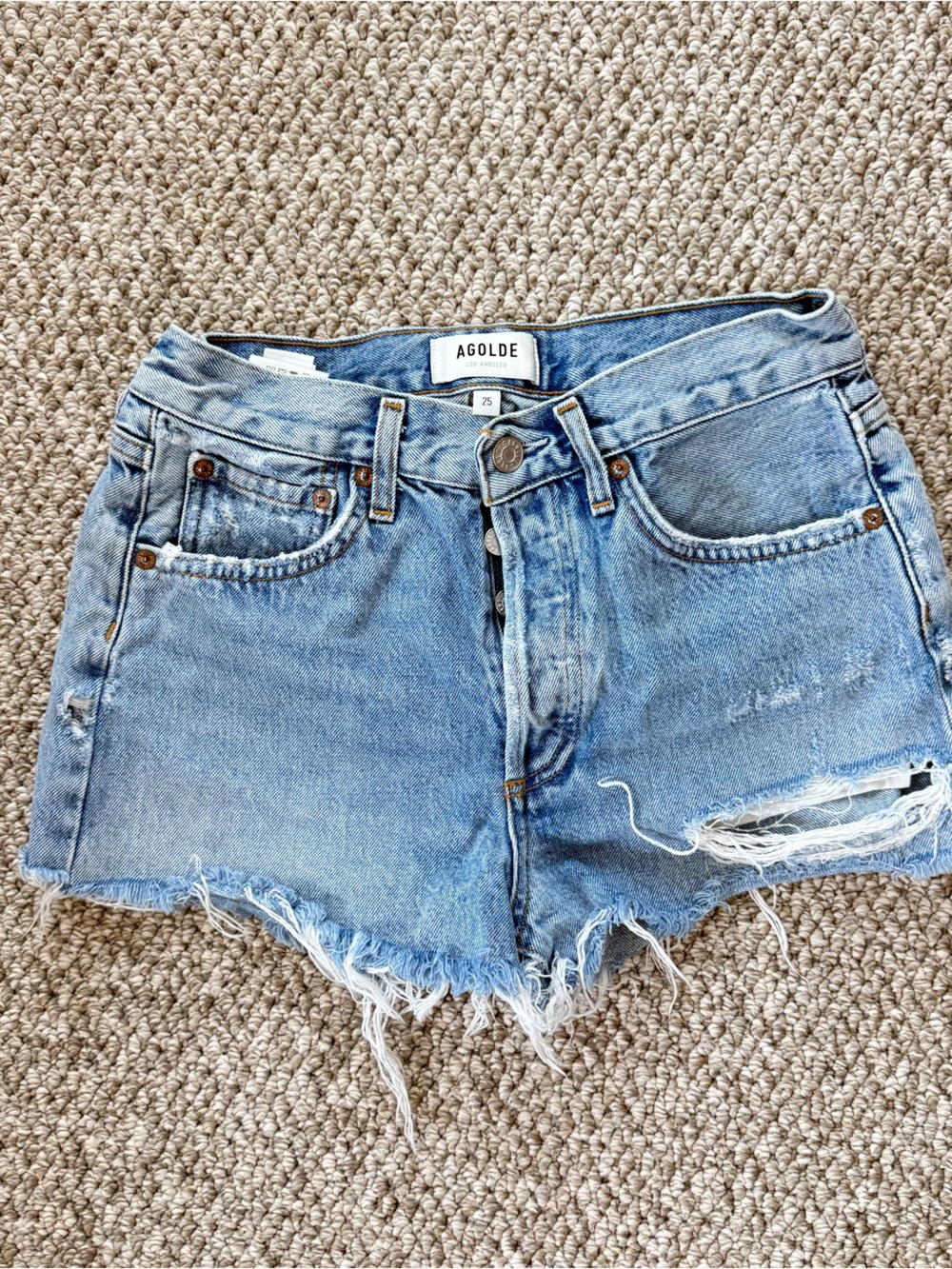 AGOLDE Light Blue Distressed Denim Shorts